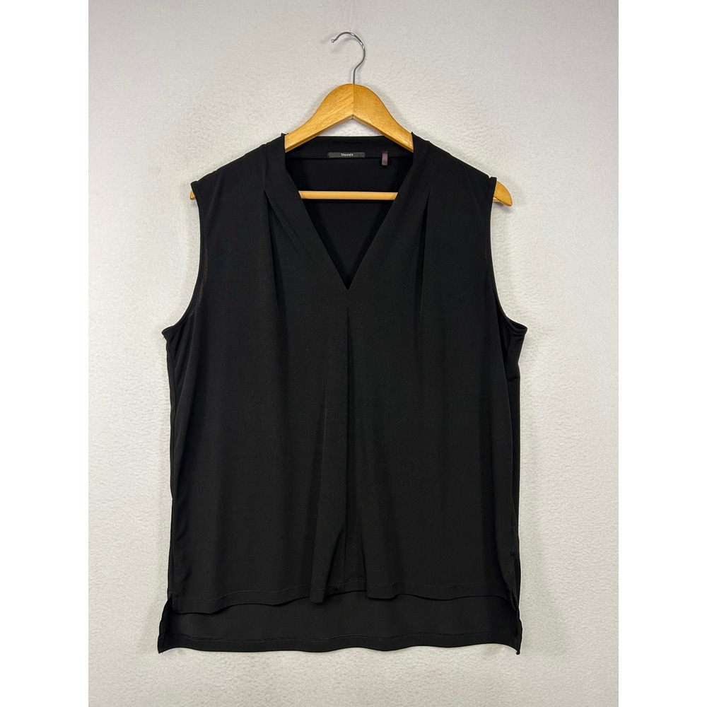 Professional Tahari Womens Large Black V-Neck Pleated Sleeveless Blouse Top